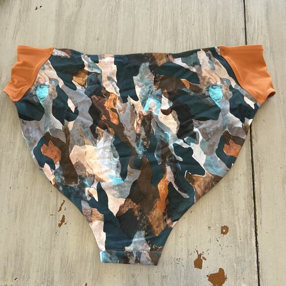 Fabletics Scoop Back Swim Bra & Bottoms Camo Paintbrush Teal Burnt Orange Sz XXL - Picture 3 of 11